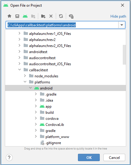 Android Studio Open File or Project dialog